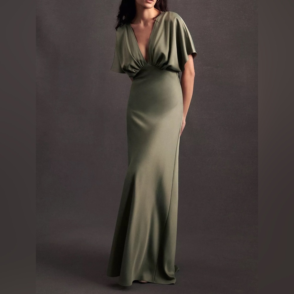 BHLDN Anthro Leila deep V flutter sleeve satin a line gown bridesmaid moss